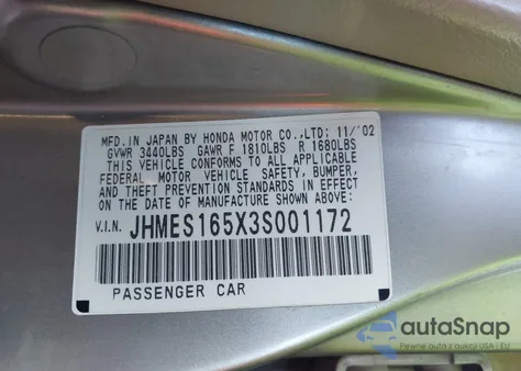 2003 Honda Civic Lx from USA, damaged, VIN JHMES165X3S001172